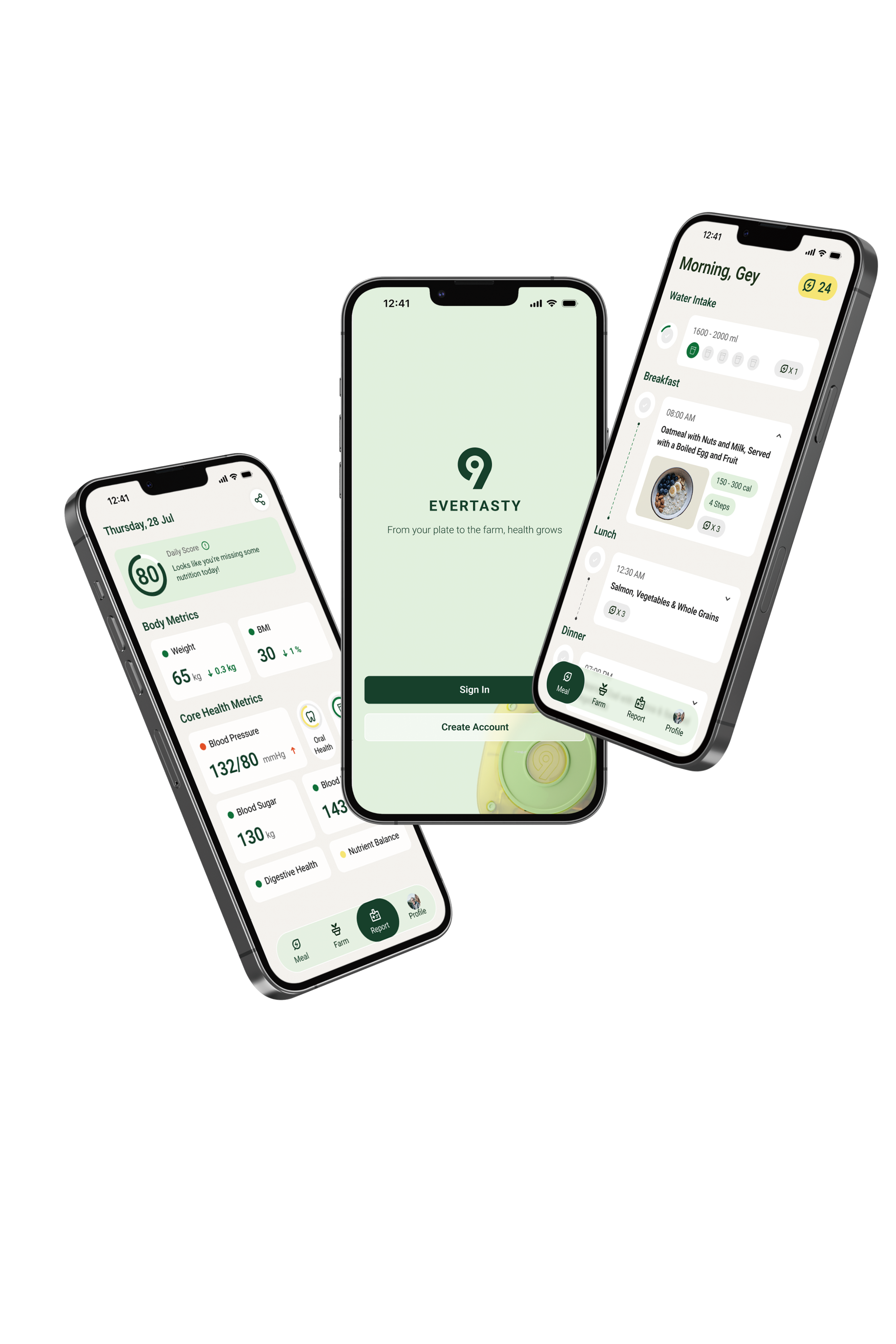 Three Evertasty app screens: health report, welcome screen and meal recommendations