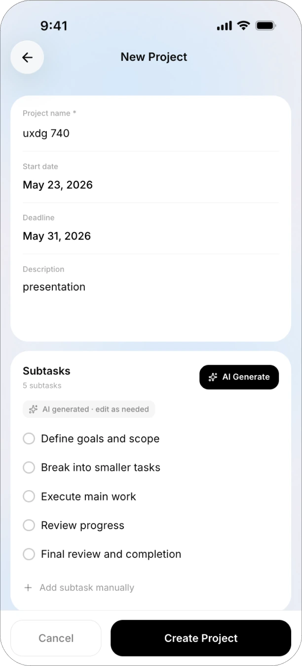 AI-generated subtasks with edit and remove controls