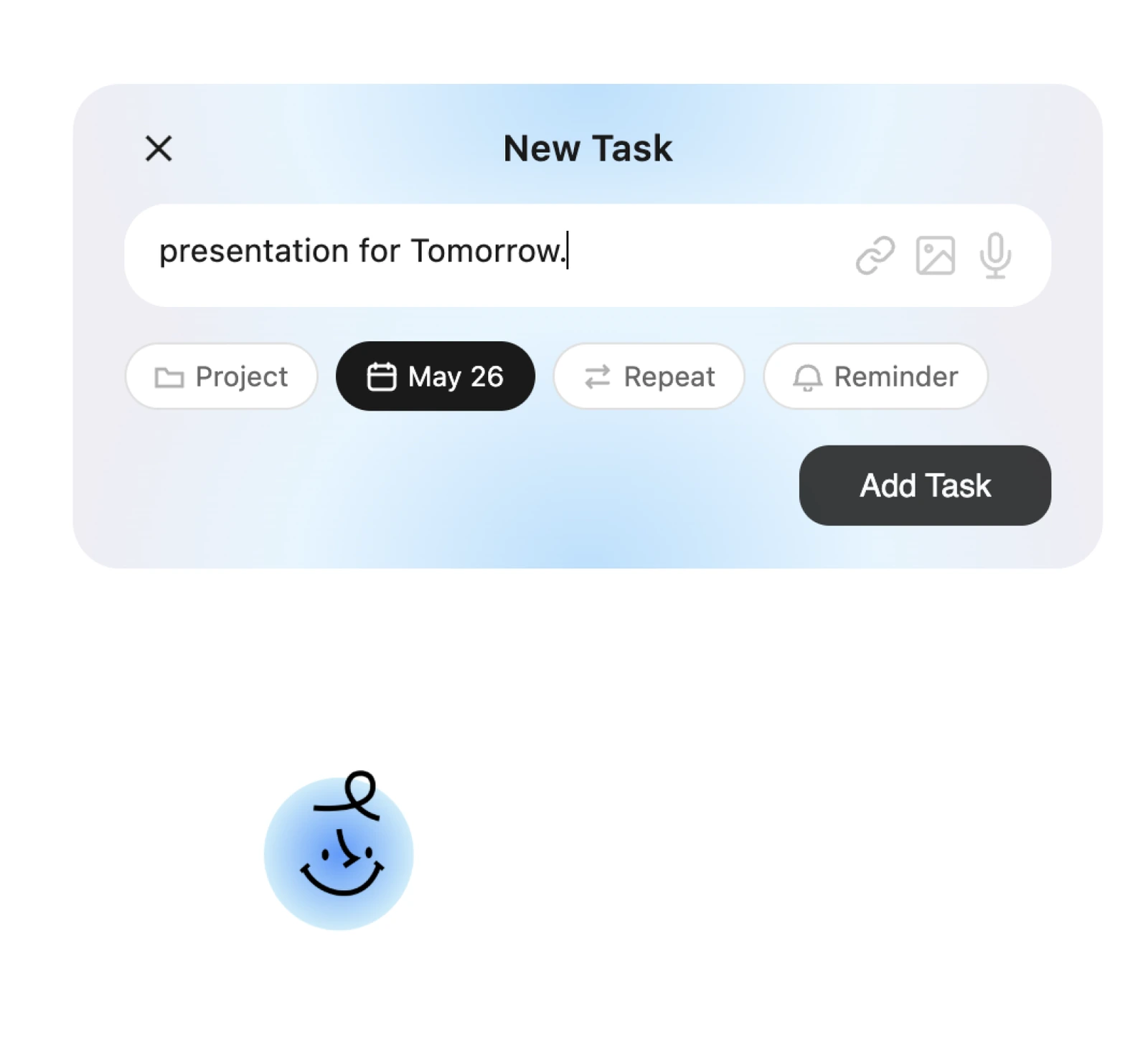 Desktop concept with a small character entry point and expanded task input